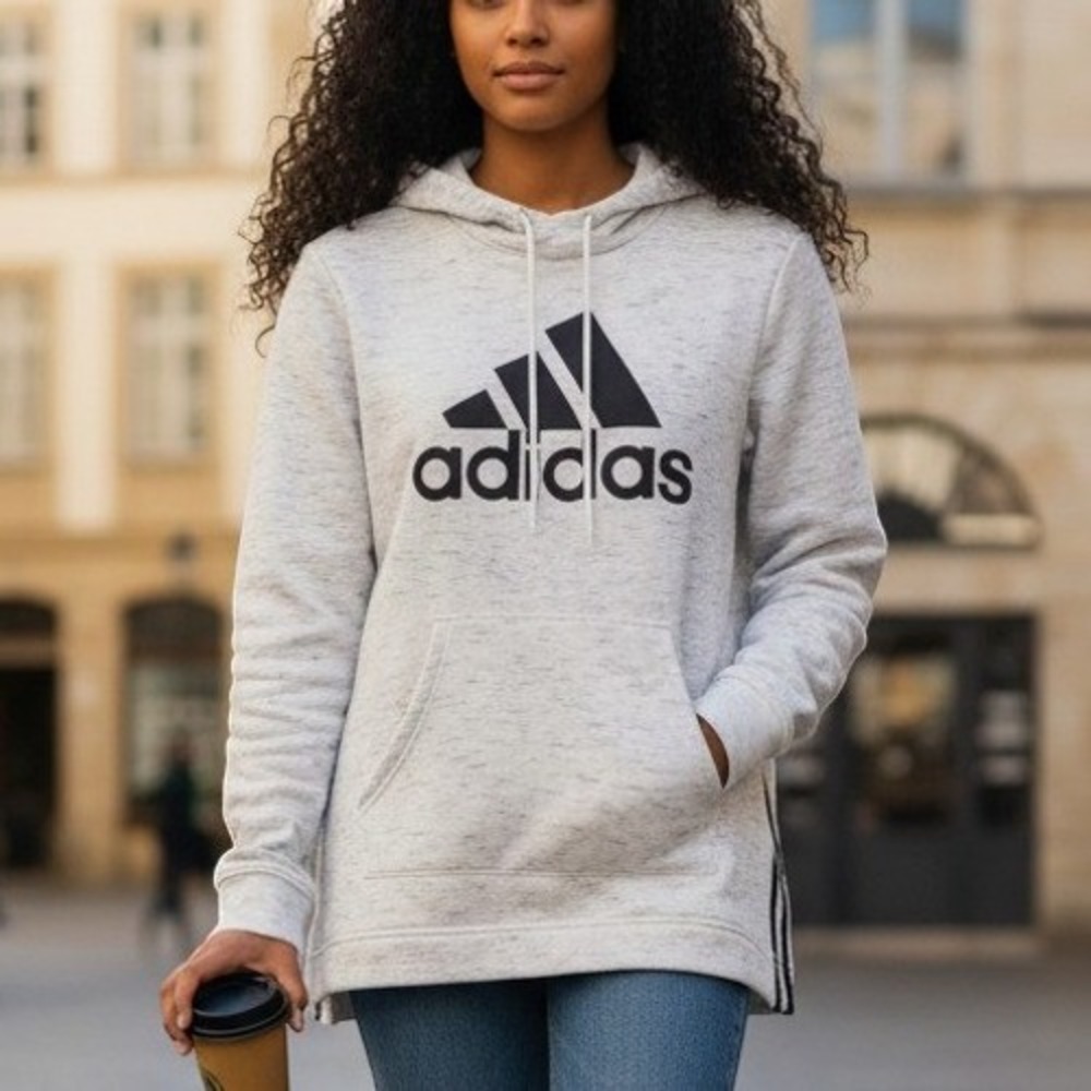Adidas Womens Grey Heathered Space Dye Logo Pullover Hoodie Size Medium